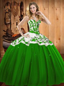 Custom Design Green Ball Gown Prom Dress Military Ball and Sweet 16 and Quinceanera with Appliques and Embroidery Sweetheart Sleeveless Lace Up
