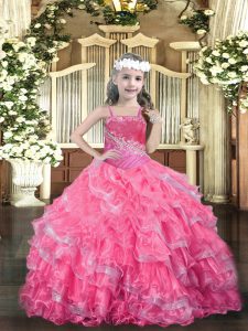 Hot Pink Sleeveless Beading and Ruffled Layers Floor Length Little Girls Pageant Dress Wholesale