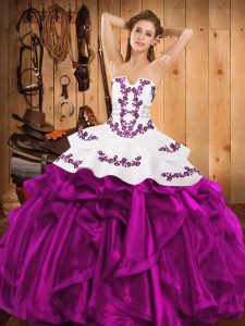 Low Price Fuchsia Sleeveless Floor Length Embroidery and Ruffles Lace Up Sweet 16 Quinceanera Dress