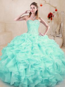 Edgy Aqua Blue Lace Up Sweetheart Beading and Ruffles Quince Ball Gowns Organza Sleeveless