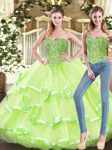 High End Yellow Green Quinceanera Gowns Military Ball and Sweet 16 and Quinceanera with Beading and Ruffled Layers Sweetheart Sleeveless Lace Up