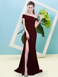 Spectacular Off The Shoulder Sleeveless Zipper Dama Dress for Quinceanera Brown Elastic Woven Satin