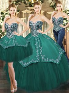 Glittering Floor Length Lace Up Quinceanera Dress Dark Green for Military Ball and Sweet 16 and Quinceanera with Beading and Appliques