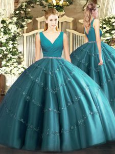 Teal Quinceanera Dress Military Ball and Sweet 16 and Quinceanera with Beading V-neck Sleeveless Zipper