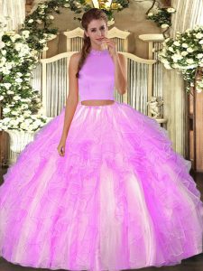 Lilac Halter Top Neckline Beading and Ruffles 15 Quinceanera Dress Sleeveless Backless