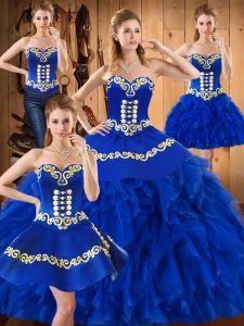 Top Selling Blue Sweetheart Lace Up Embroidery and Ruffles Sweet 16 Quinceanera Dress Sleeveless