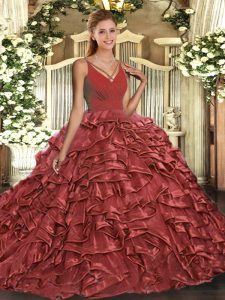 Custom Fit Rust Red Ball Gowns V-neck Sleeveless Organza Sweep Train Backless Ruffles Sweet 16 Dresses