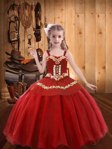 Pretty Red Straps Neckline Embroidery and Ruffles Pageant Gowns For Girls Sleeveless Lace Up