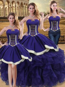Sleeveless Organza Floor Length Lace Up 15 Quinceanera Dress in Purple with Beading and Ruffles