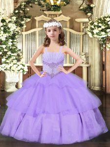 Adorable Lavender Straps Neckline Beading and Ruffled Layers Little Girls Pageant Dress Sleeveless Lace Up