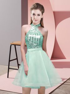 Sumptuous Chiffon Halter Top Sleeveless Backless Sequins Damas Dress in Apple Green