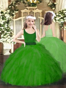 Stunning Green Sleeveless Floor Length Beading and Ruffles Zipper Little Girl Pageant Dress