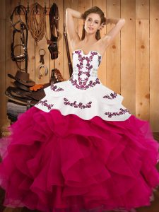 Hot Sale Hot Pink Sleeveless Floor Length Embroidery and Ruffles Lace Up Sweet 16 Quinceanera Dress
