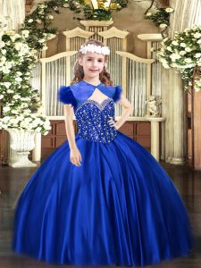 Royal Blue Little Girl Pageant Gowns Party and Quinceanera with Beading Straps Sleeveless Lace Up
