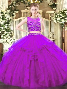 Fancy Purple Zipper Scoop Beading and Ruffles Sweet 16 Dresses Tulle Sleeveless