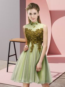 Edgy Yellow Green Tulle Lace Up High-neck Sleeveless Knee Length Dama Dress for Quinceanera Appliques