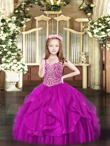 Elegant Sleeveless Lace Up Floor Length Beading and Ruffles Little Girl Pageant Gowns