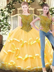 Fashionable Gold Ball Gowns Tulle Bateau Sleeveless Beading and Ruffled Layers Floor Length Zipper Sweet 16 Dresses