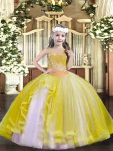 New Style Light Yellow Lace Up Pageant Dress for Teens Beading Sleeveless Floor Length
