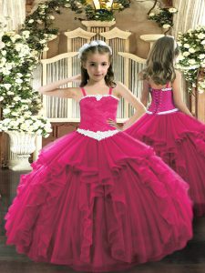 Dramatic Tulle Straps Sleeveless Lace Up Appliques and Ruffles Little Girls Pageant Dress in Hot Pink