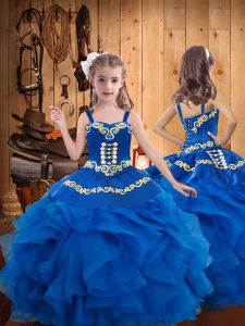 Luxurious Straps Sleeveless Lace Up Little Girl Pageant Dress Blue Organza