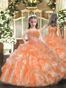 Dazzling Orange Lace Up Pageant Dress for Teens Beading and Sequins Sleeveless Floor Length