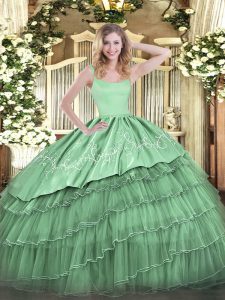 Classical Straps Sleeveless Organza Sweet 16 Dresses Embroidery and Ruffled Layers Zipper