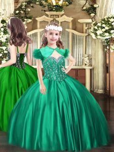 Eye-catching Turquoise Ball Gowns Beading Pageant Dress for Womens Lace Up Satin Sleeveless Floor Length