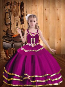 Fuchsia Straps Lace Up Embroidery and Ruffled Layers Child Pageant Dress Sleeveless