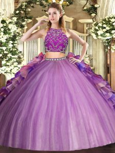Artistic High-neck Sleeveless Quinceanera Dress Floor Length Beading and Ruffles Multi-color Tulle