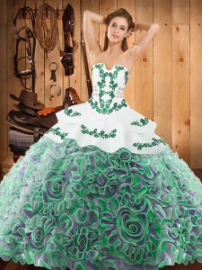 Strapless Sleeveless Sweep Train Lace Up Quinceanera Dresses Multi-color Satin and Fabric With Rolling Flowers