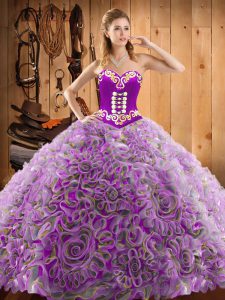 Multi-color Ball Gowns Satin and Fabric With Rolling Flowers Sweetheart Sleeveless Embroidery With Train Lace Up Sweet 16 Quinceanera Dress Sweep Train