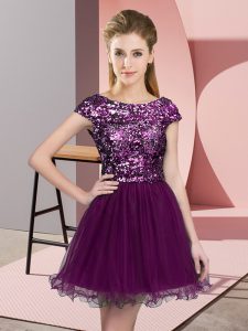 Fitting A-line Vestidos de Damas Purple Scoop Tulle Cap Sleeves Mini Length Zipper