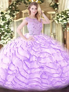 Wonderful Lavender Ball Gowns Tulle Bateau Sleeveless Beading and Ruffled Layers Zipper Quinceanera Dress Sweep Train