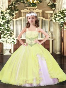 Eye-catching Light Yellow Straps Lace Up Beading Pageant Gowns For Girls Sleeveless