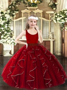 Excellent Sleeveless Organza Floor Length Zipper Little Girl Pageant Gowns in Wine Red with Beading and Ruffles