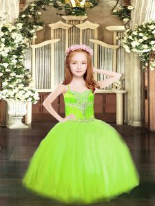 Sleeveless Tulle Floor Length Lace Up Girls Pageant Dresses in Yellow Green with Beading