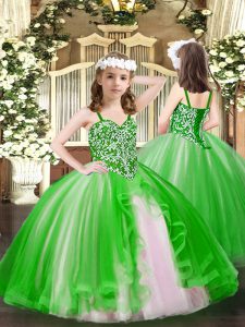 Straps Sleeveless Girls Pageant Dresses Floor Length Beading Green Tulle