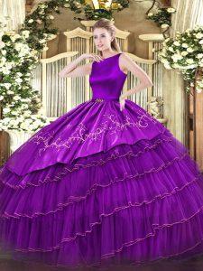 Purple Scoop Clasp Handle Embroidery and Ruffled Layers Sweet 16 Dress Sleeveless