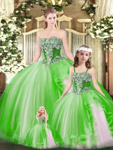 Artistic Strapless Sleeveless Lace Up Sweet 16 Dresses Green Organza