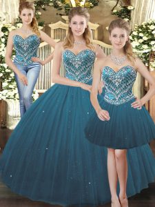 Decent Sleeveless Floor Length Beading Lace Up Sweet 16 Quinceanera Dress with Teal