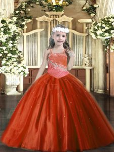 Beauteous Ball Gowns Pageant Dress for Teens Rust Red Straps Tulle Sleeveless Floor Length Lace Up