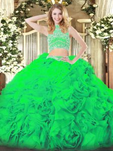 Two Pieces Sweet 16 Dress Green High-neck Tulle Sleeveless Floor Length Backless