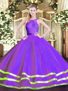 Tulle Sleeveless Floor Length Quinceanera Gowns and Lace