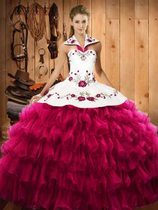 Noble Fuchsia Sleeveless Floor Length Embroidery and Ruffled Layers Lace Up Quince Ball Gowns
