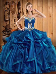 High End Sweetheart Sleeveless Lace Up Quinceanera Dress Blue Organza