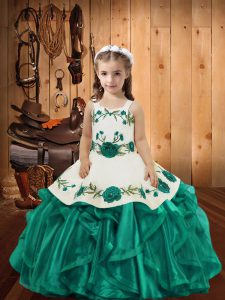 Embroidery and Ruffles Child Pageant Dress Teal Lace Up Sleeveless Floor Length