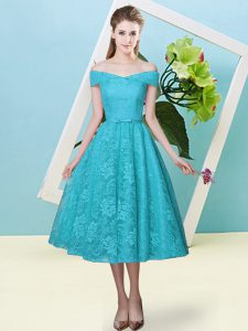 Vintage Lace Off The Shoulder Cap Sleeves Lace Up Bowknot Quinceanera Court Dresses in Teal