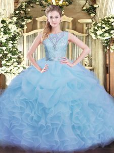 Sweet Aqua Blue Ball Gowns Lace and Ruffles Quince Ball Gowns Backless Organza Sleeveless Floor Length