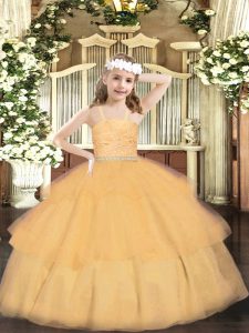 Admirable Orange Ball Gowns Organza Straps Sleeveless Beading and Lace and Ruffled Layers Floor Length Zipper Glitz Pageant Dress
